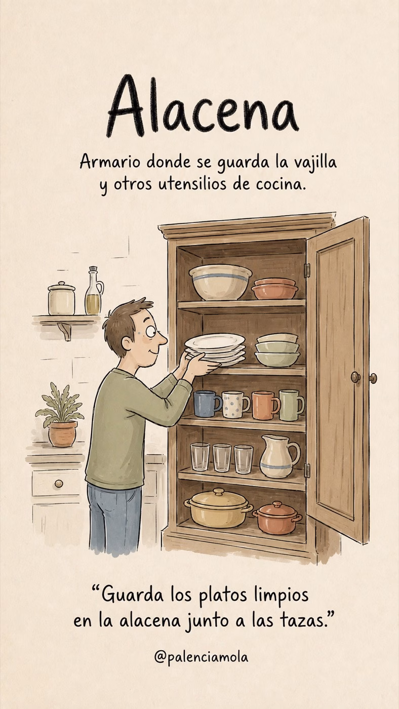 Ilustración de Alacena: Armario donde se guarda la vajilla y otros utensilios de cocina.