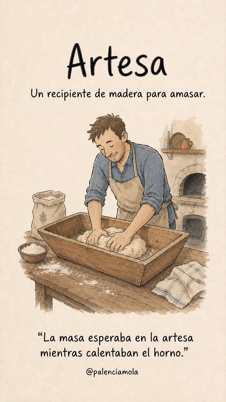 Ilustración de Artesa: Un recipiente de madera para amasar.