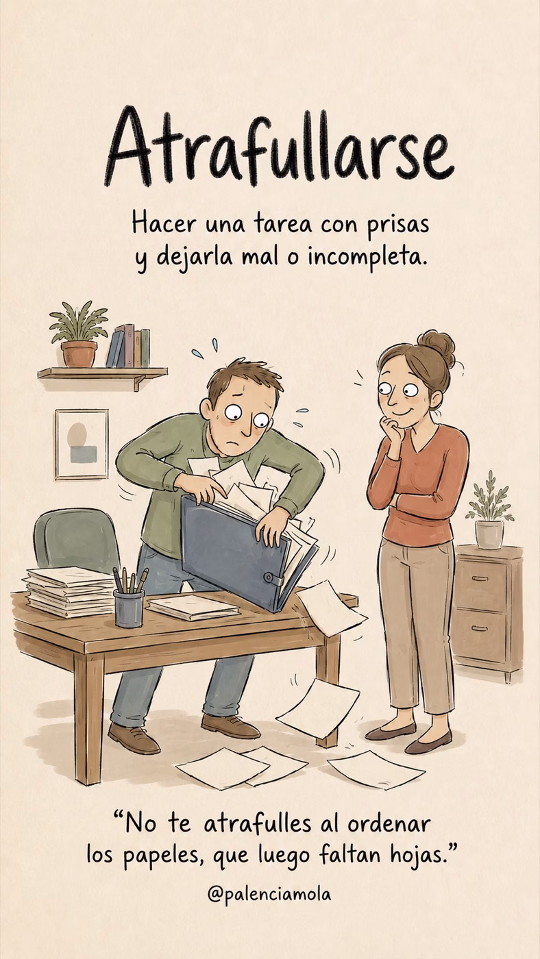 Ilustración de Atrafullarse: Hacer una tarea con prisas y dejarla mal o incompleta.