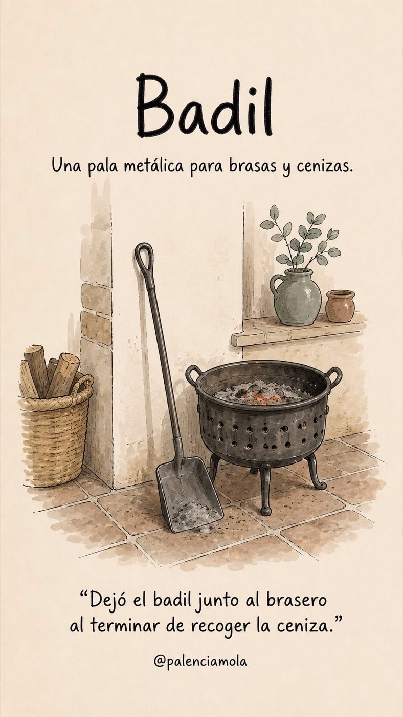 Ilustración de Badil: Una pala metálica para brasas y cenizas.