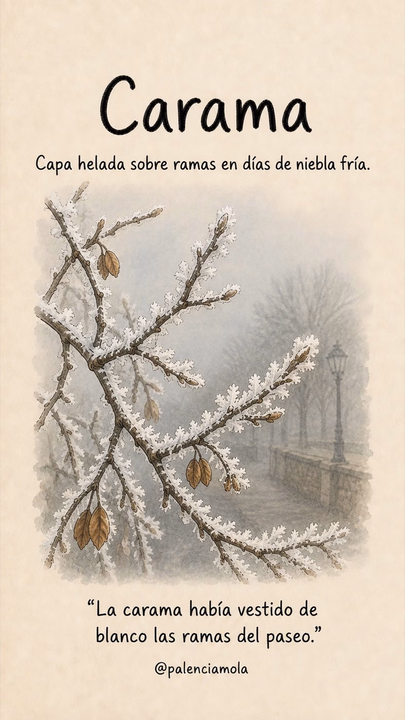 Ilustración de Carama: Capa helada sobre ramas en días de niebla fría.