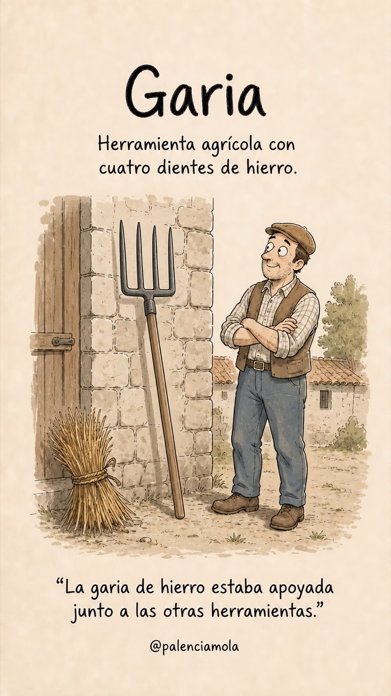 Ilustración de Garia: Herramienta agrícola con cuatro dientes de hierro.