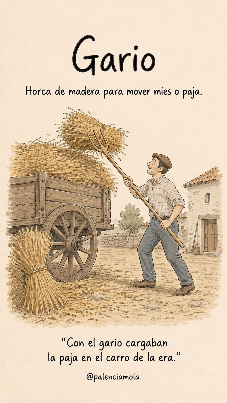 Ilustración de Gario: Horca de madera para mover mies o paja.