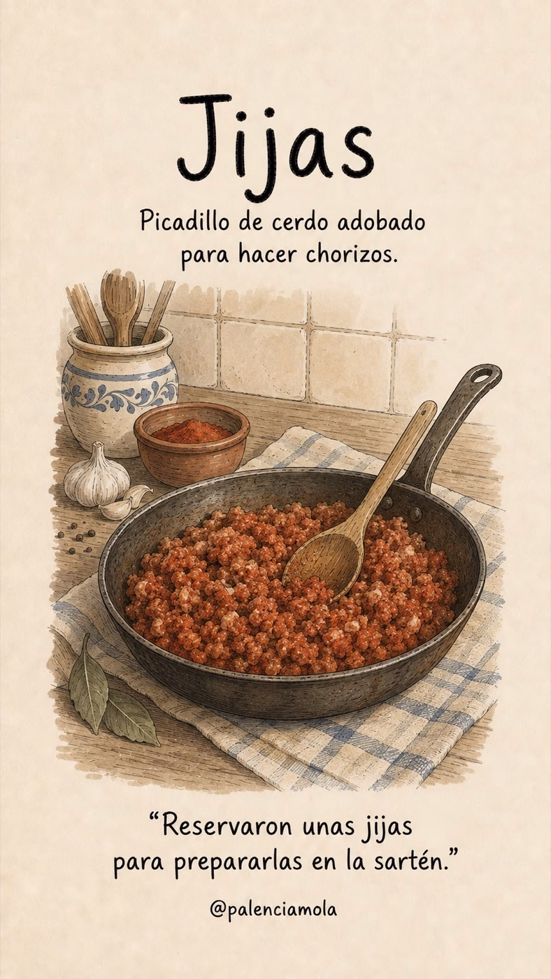 Ilustración de Jijas: Picadillo de cerdo adobado para hacer chorizos.