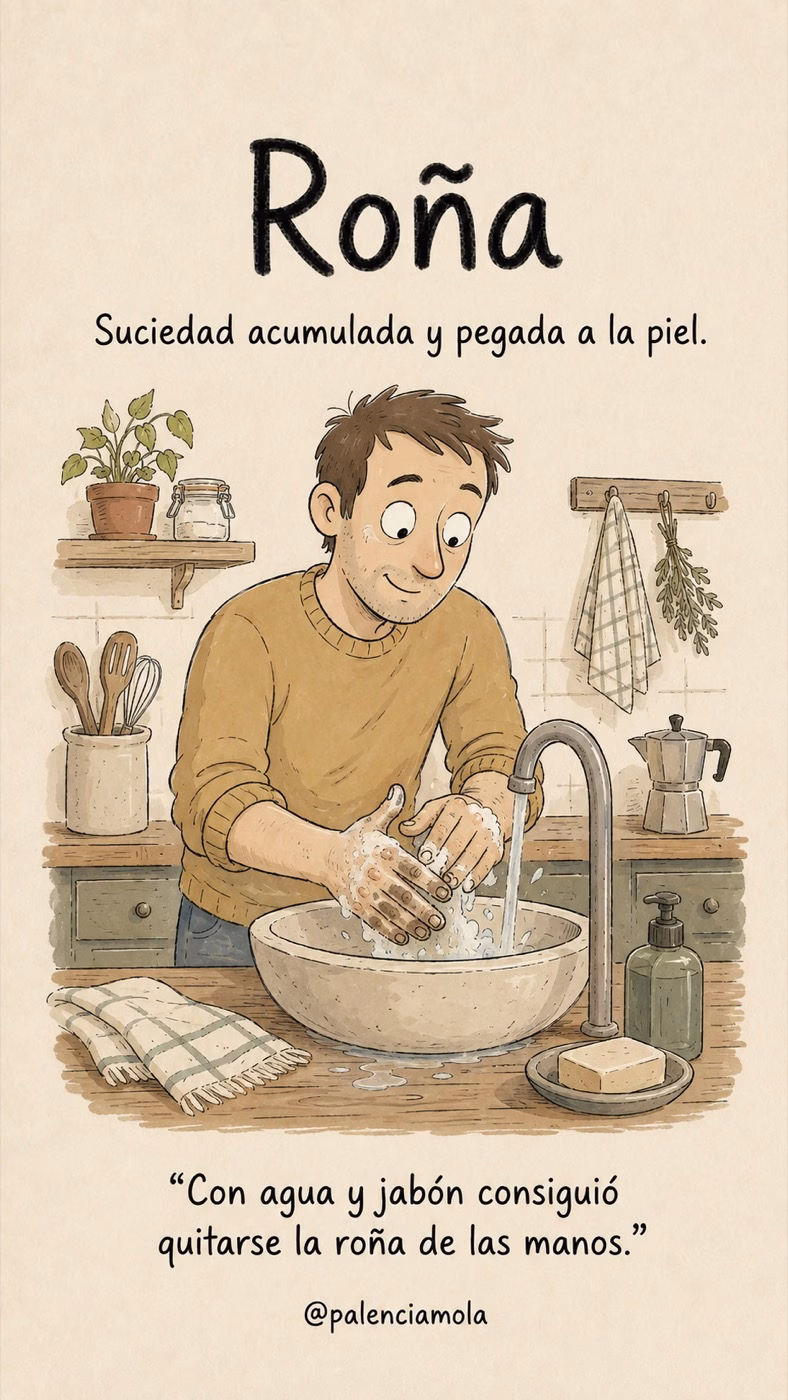 Ilustración de Roña: Suciedad acumulada y pegada a la piel.