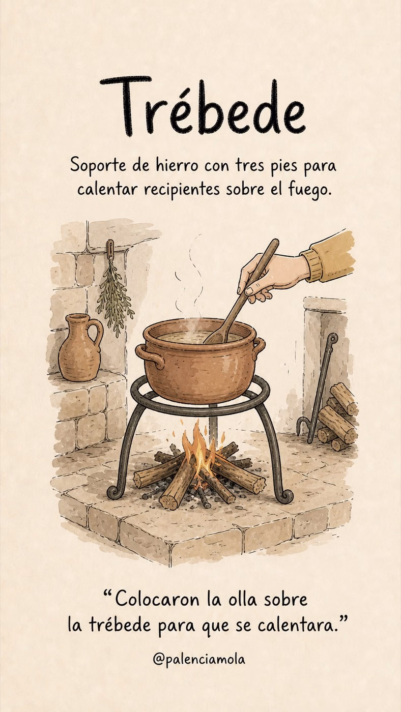 Ilustración de Trébede: Soporte de hierro con tres pies para calentar recipientes sobre el fuego.