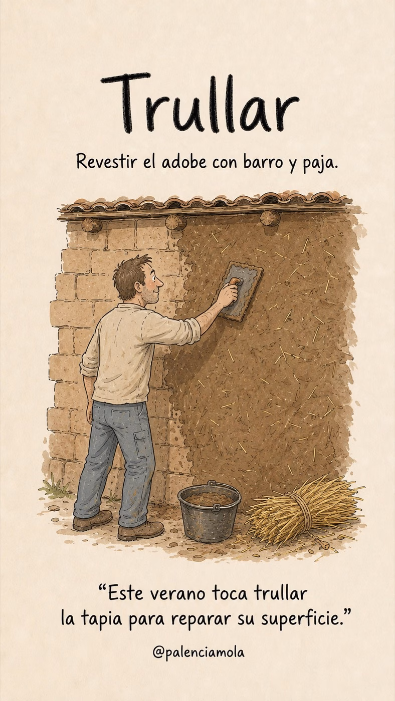 Ilustración de Trullar: Revestir el adobe con barro y paja.